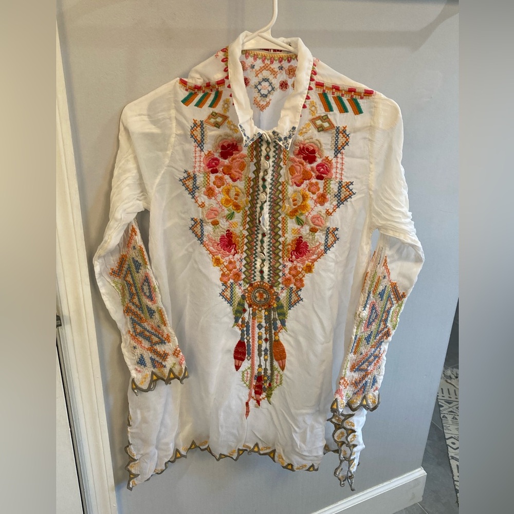 Johnny Was Size Small White Georgette Festival Tunic Embroidered Bohemian - Picture 2 of 8